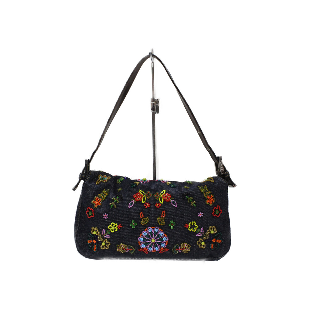 Fendi Denim Beaded Hobo Bucket Embroidery Handbag One Mamma Shoulder